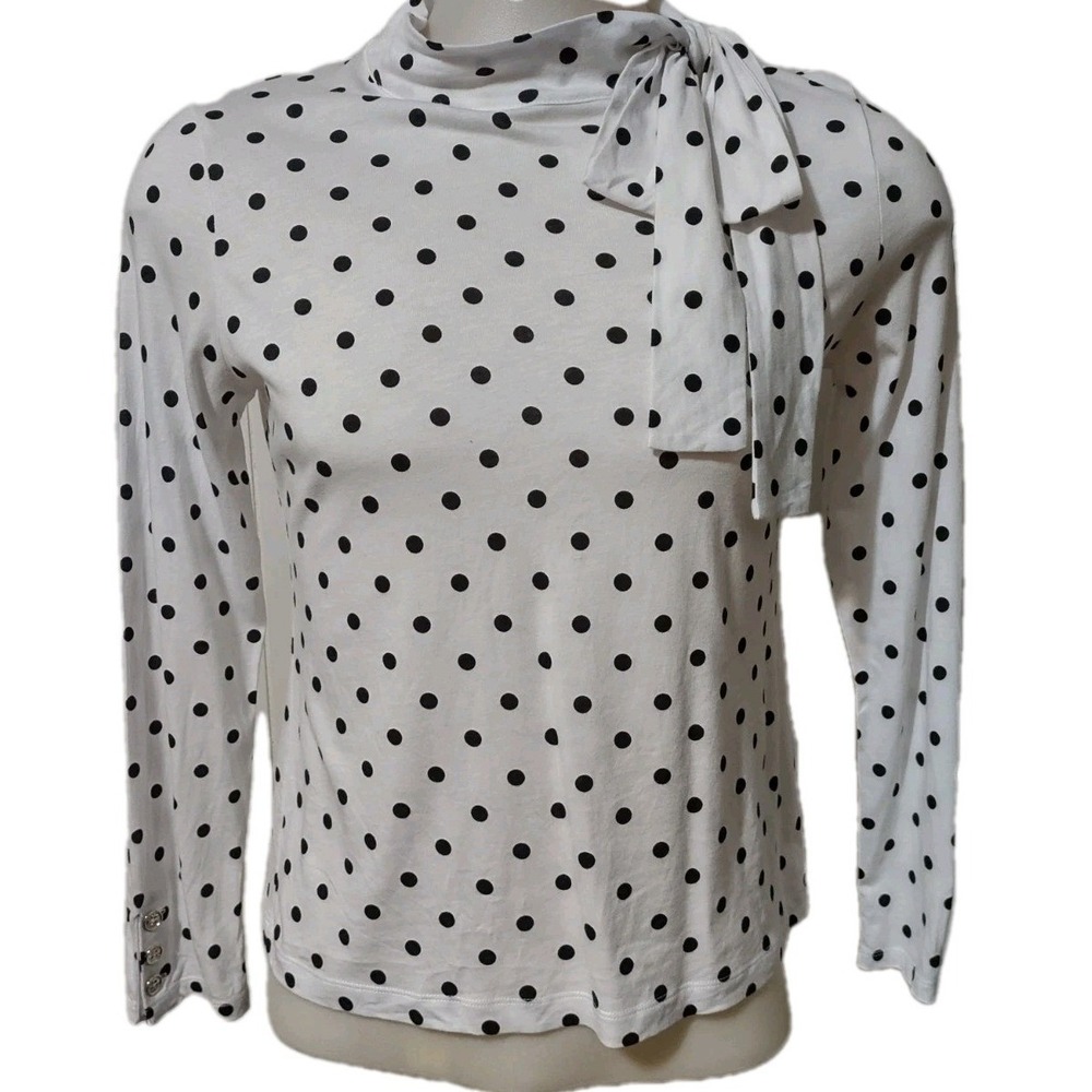 Tommy Hilfiger Top Size M Women's Polka Dot White Black Bow Neck Retro Blouse‎ - Picture 13 of 13